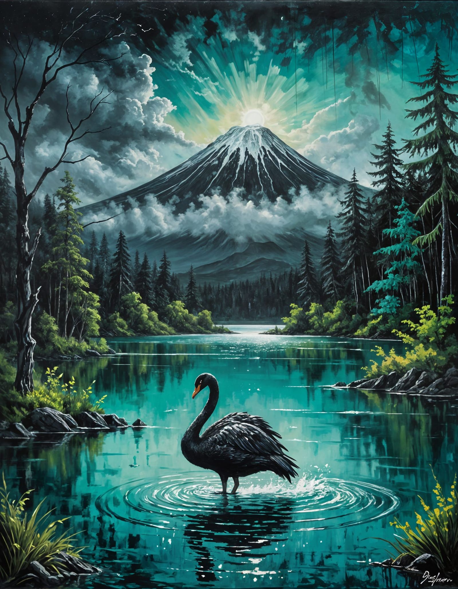 Black Swan Oil Painting with Silver Highlights