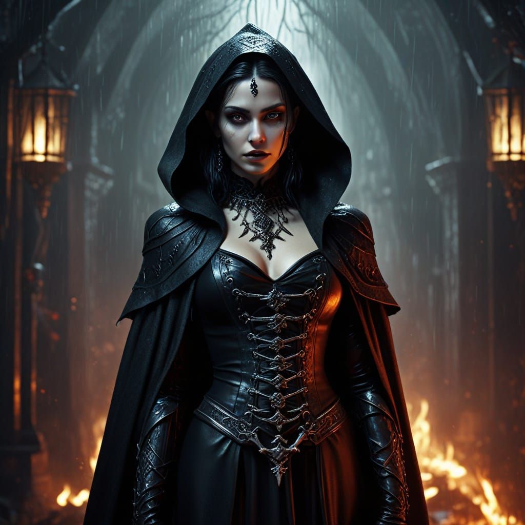 Curvy Elf Lady in Goth Hell During Eerie Downpour