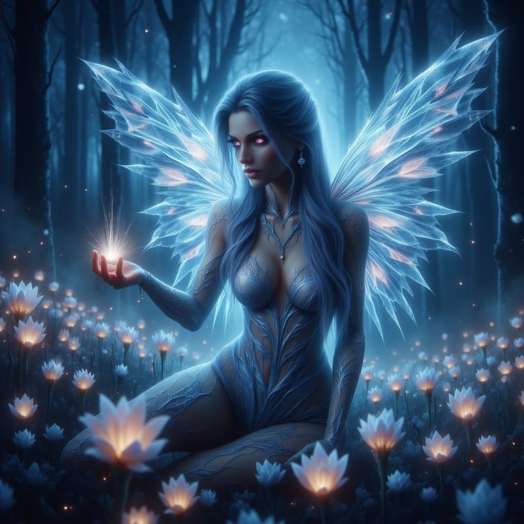 Ethereal Fairy with Stained Glass Wings in Bioluminescent Fi...