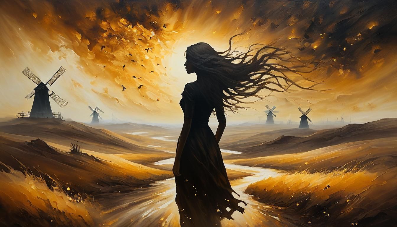 Dreamy Silhouette in Golden Surrealist Landscape