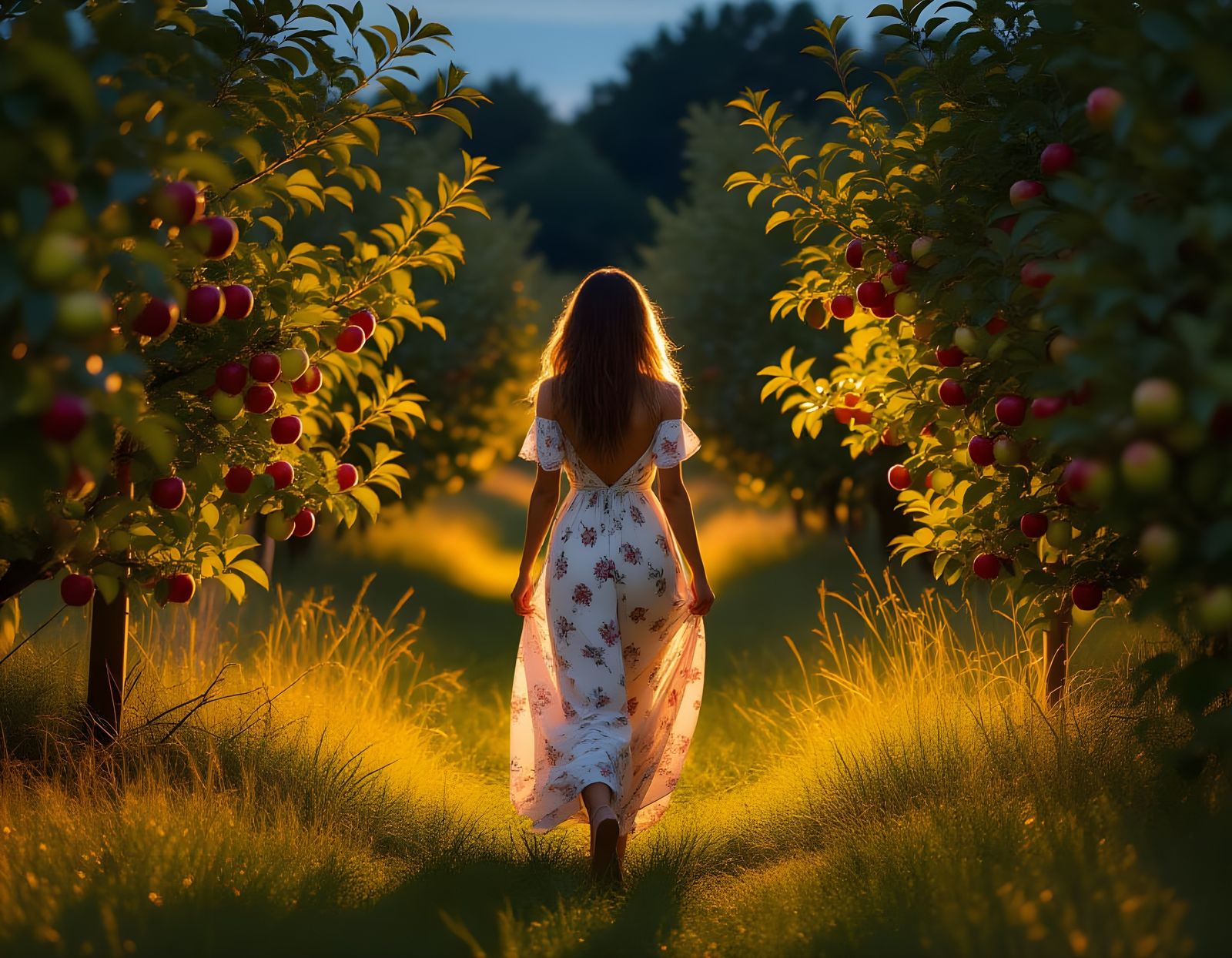 Nighttime Apple Orchard Stroll in Hyperrealistic Style