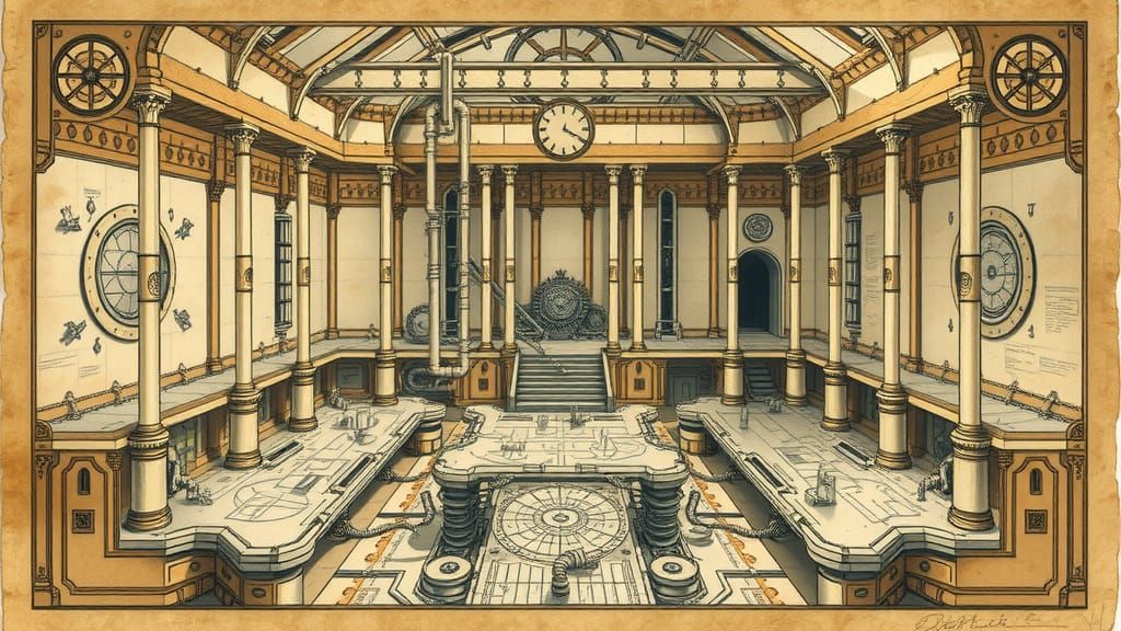 Grimdark Imperial Facility Blueprint in Watercolor Style