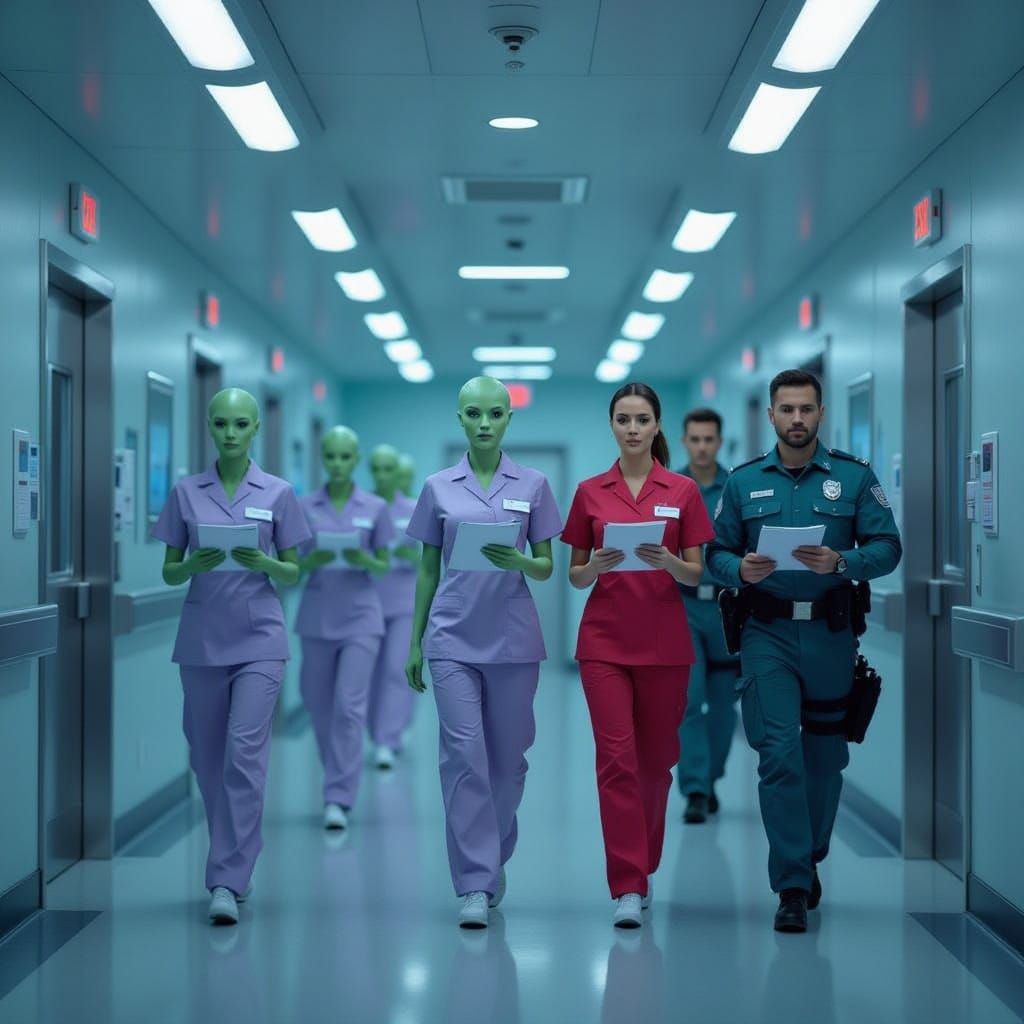Mars Hospital Corridor with Aliens and Doctor