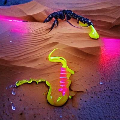 Neon Scorpion in Dripping Desert Landscape