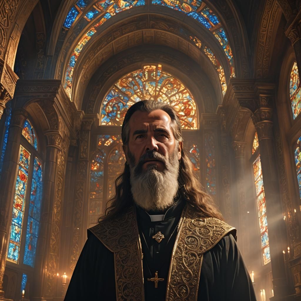 Greek Orthodox Priest in Ornate Chapel, Digital Art