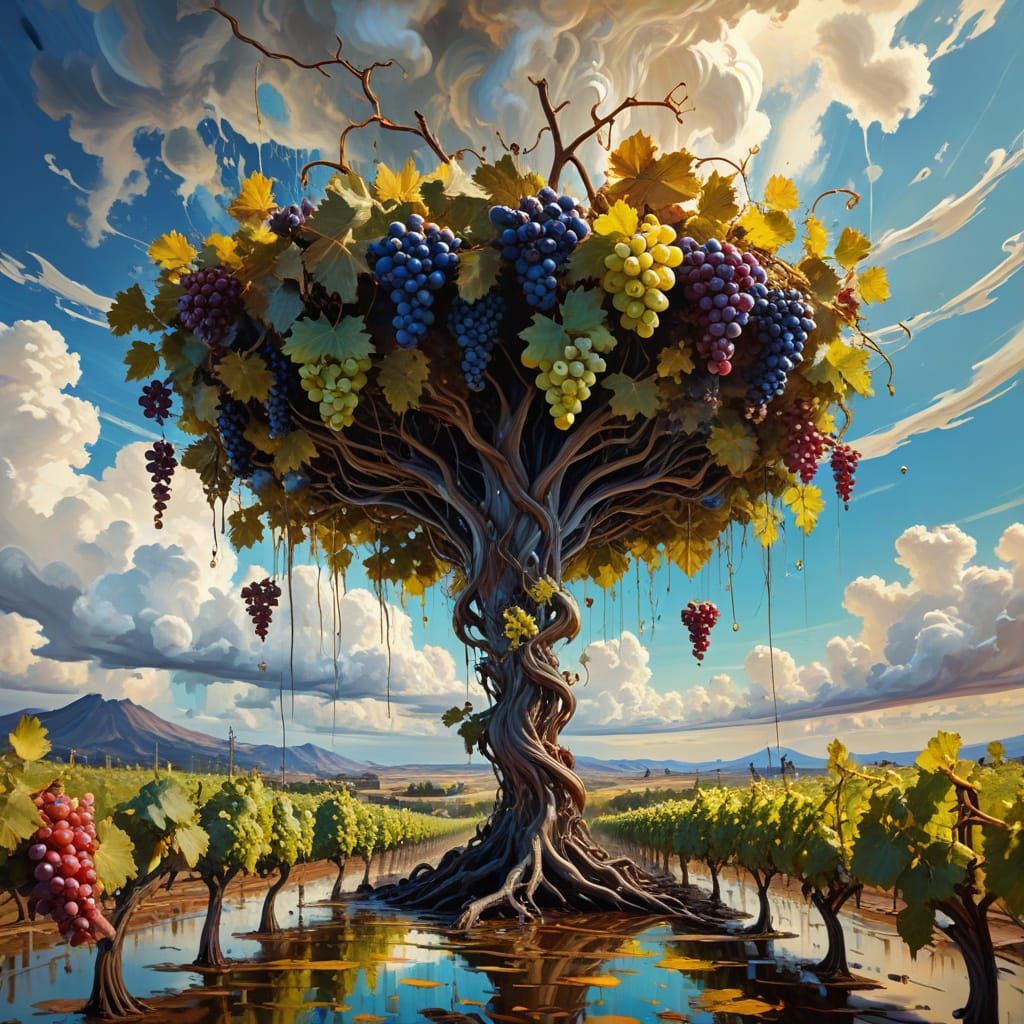 Ethereal Landscape with Grapes and Twisted Vines in Vibrant ...
