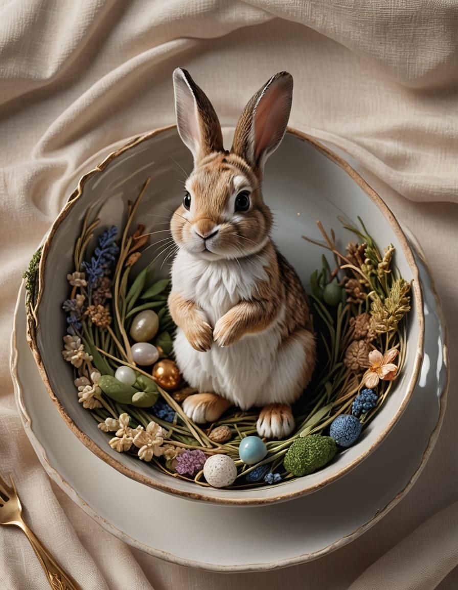 Craft Material Rabbit in China Bowl: 3D Render
