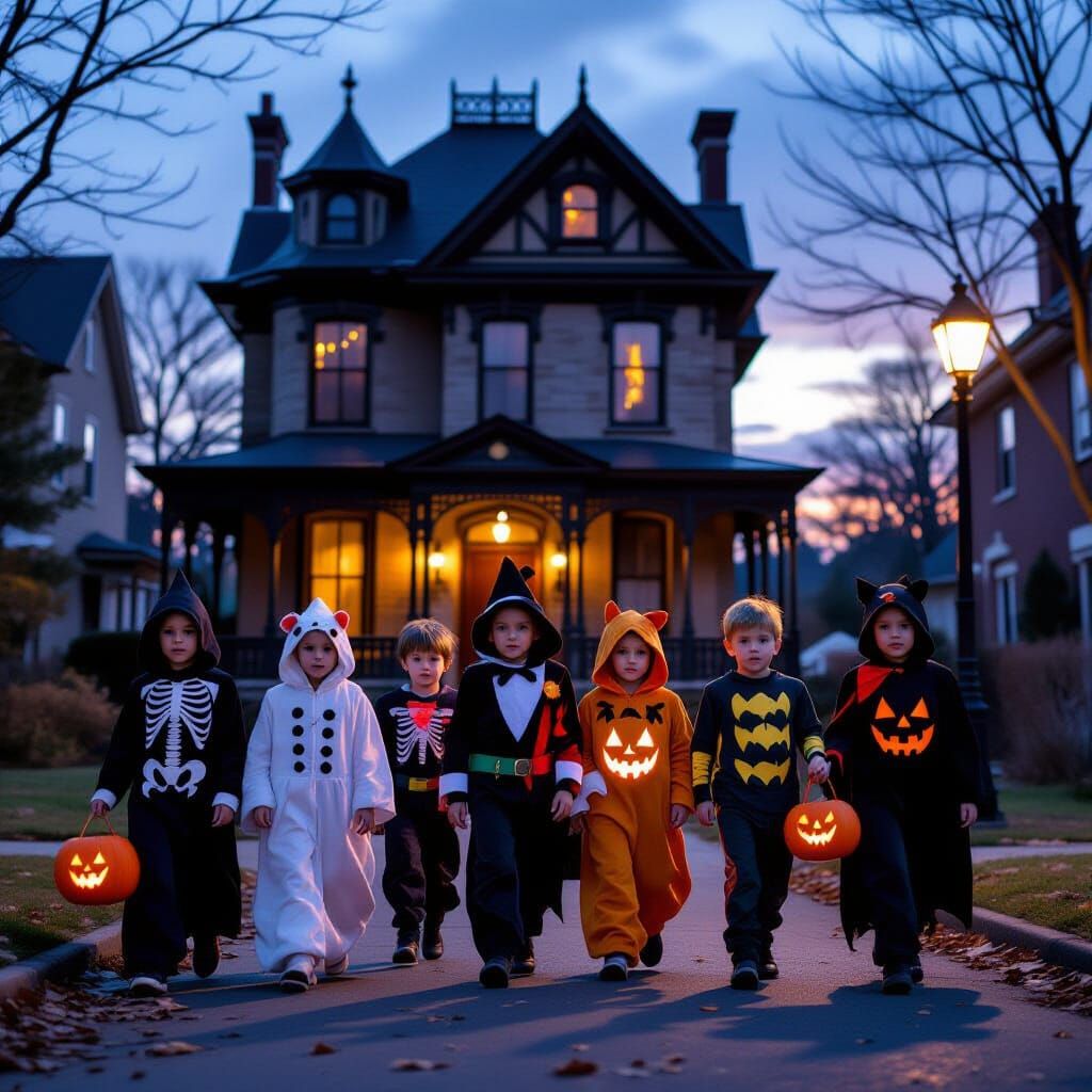 Children Trick-or-Treating at Spooky Gothic House