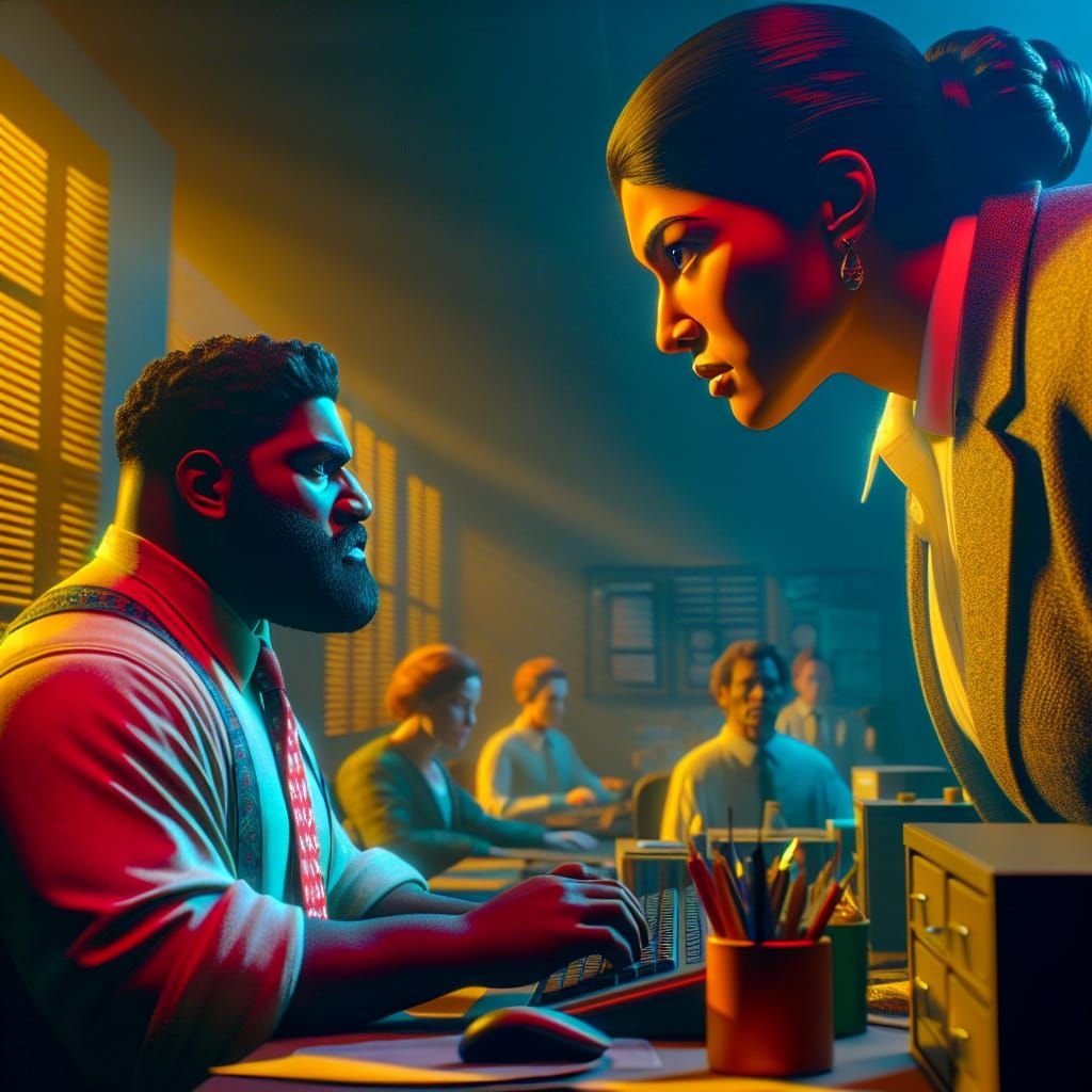 Eerie Office Standoff in Hyperrealistic Detail