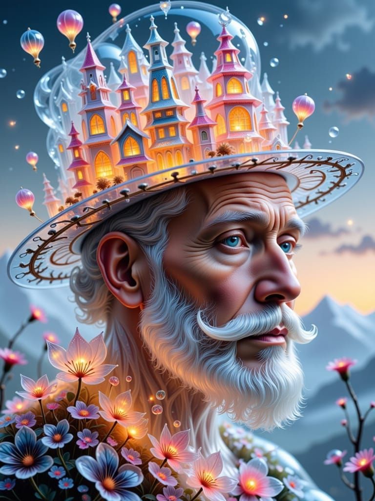 Ethereal Transparent Crystal Gentleman Amidst a Whimsical Ci...