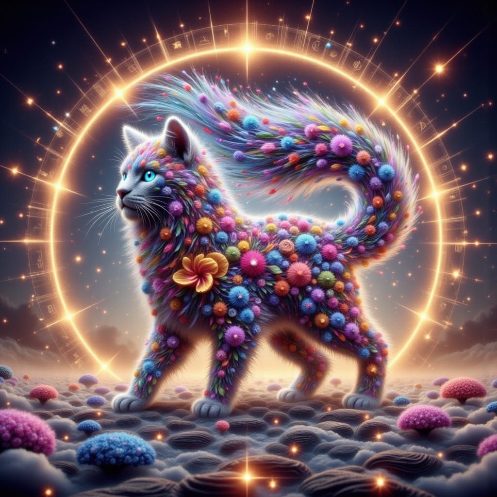 Whimsical Zodiac Cat in Windswept Echo Style