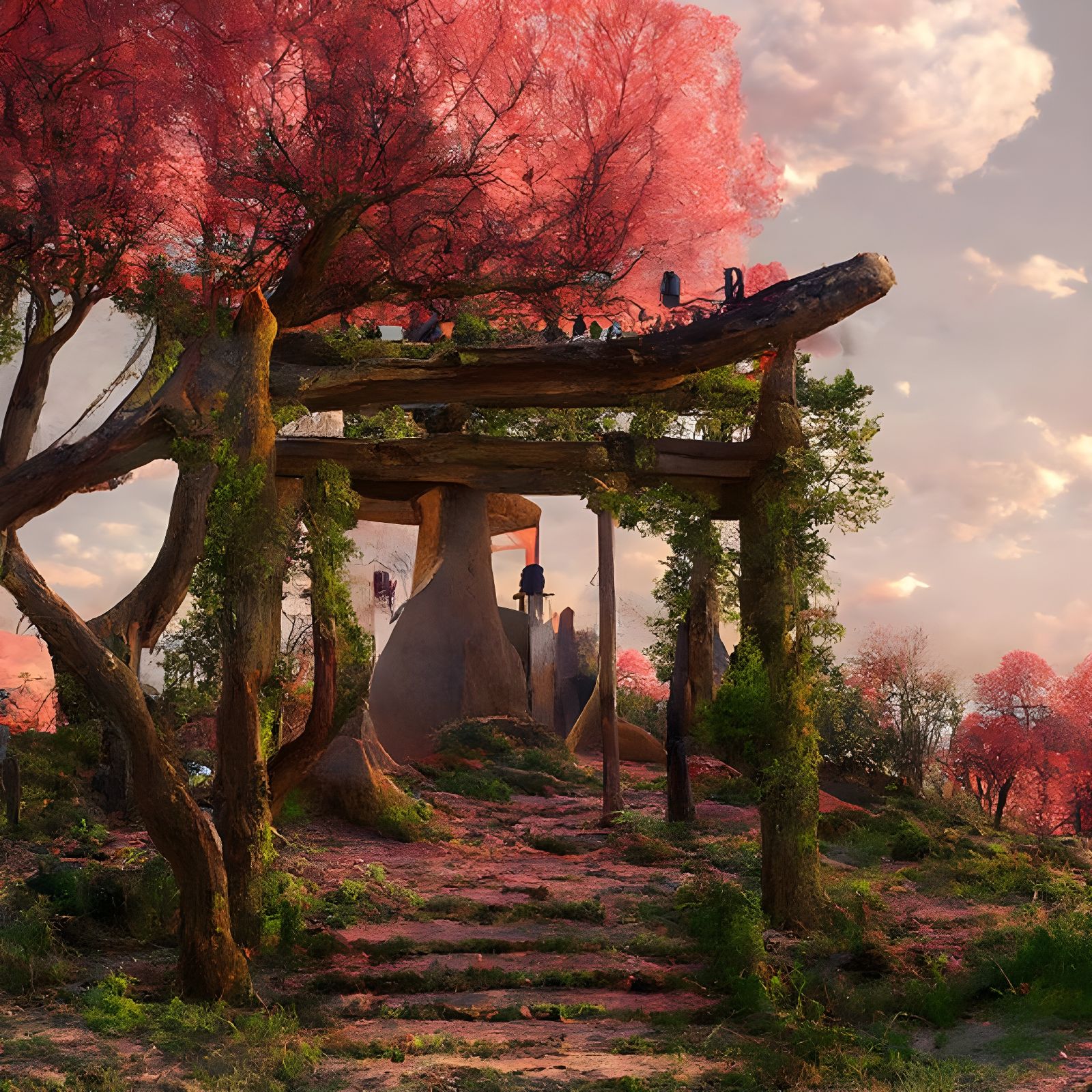 Vined Inari Shrine Sunset in Detailed Landscape Painting