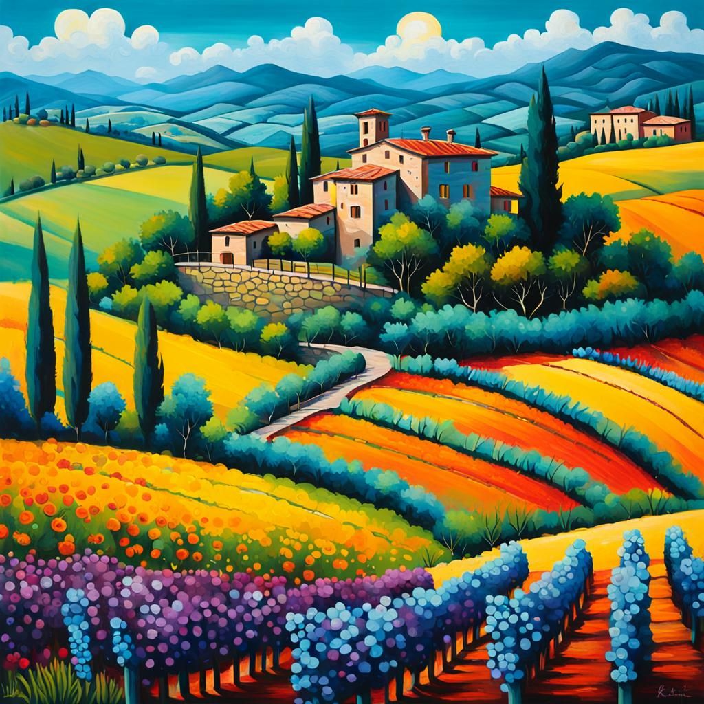 Colorful Tuscan Countryside Scene as Naive Art