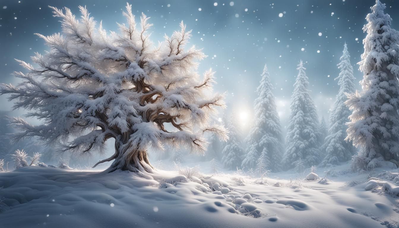 Icy Winter Scene: Christmas Tree with Bird