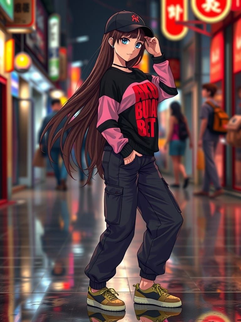 Anime-Inspired Woman in Streetwear Dance Pose