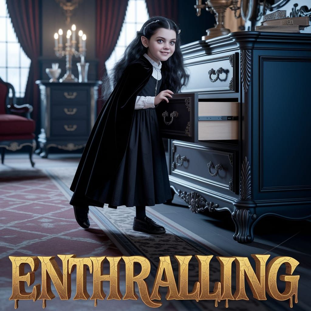 A photorealistic young, adorable, mischievous 8-year-old female vampire, with flowing long black hair, dressed in a blac...