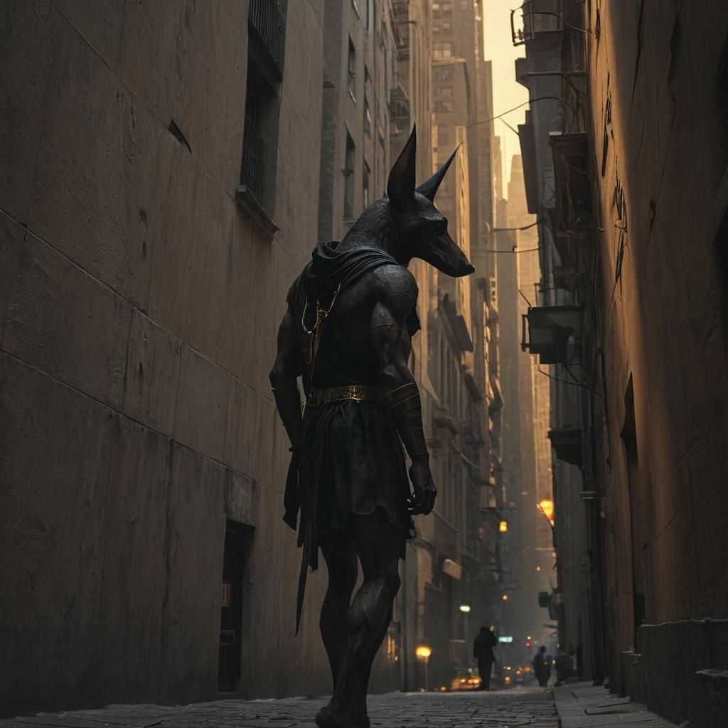 Anubis on Wall Street in Dark Fantasy Art
