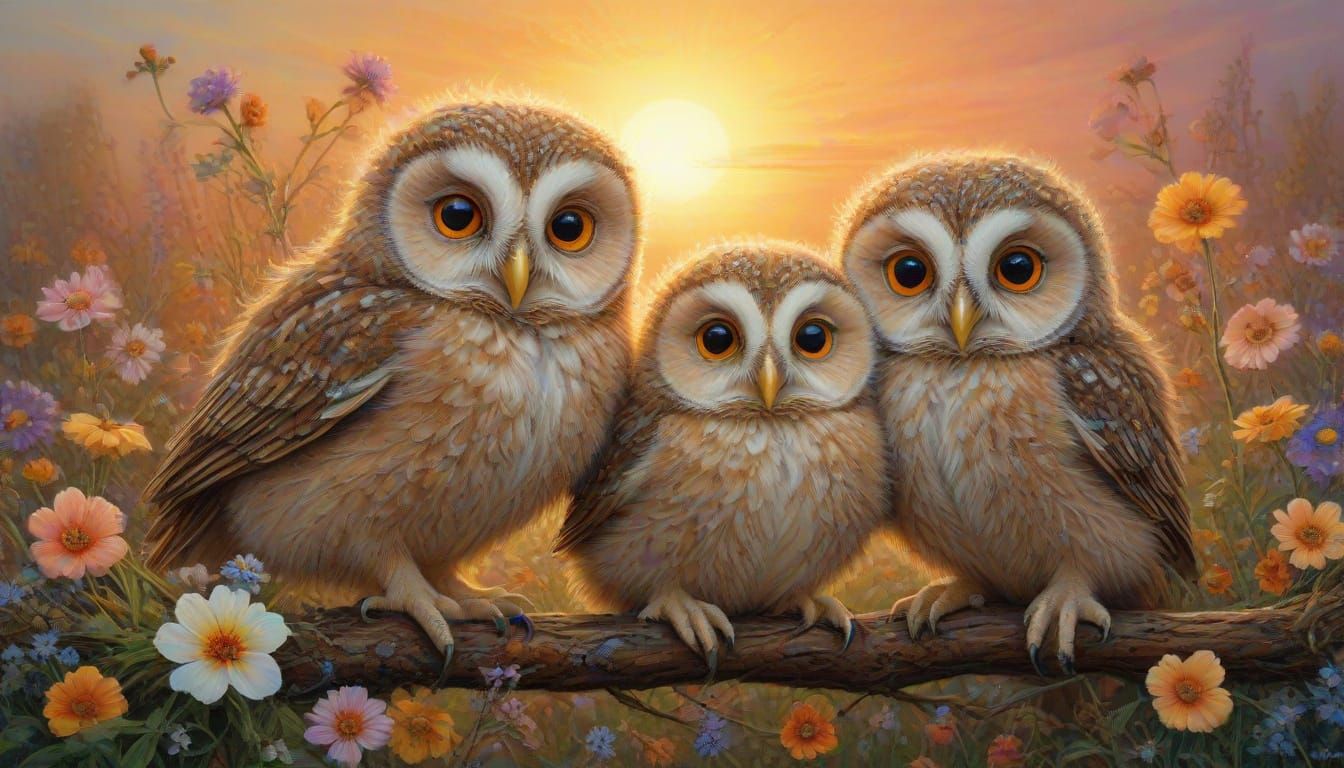 Whimsical Sunrise Scene of Tiny Owlets in Spring Florals