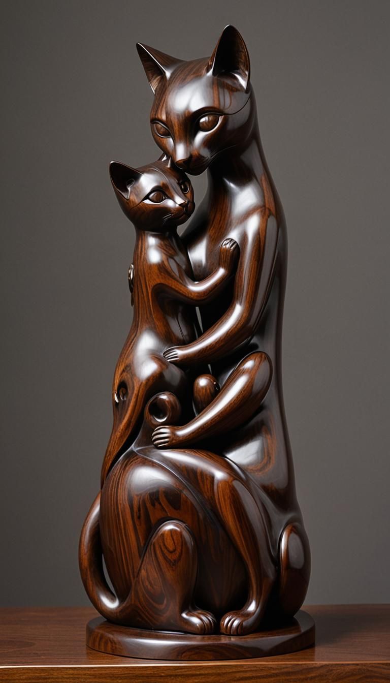 Abstract Wooden Sculpture of Mother Cat and Kittens