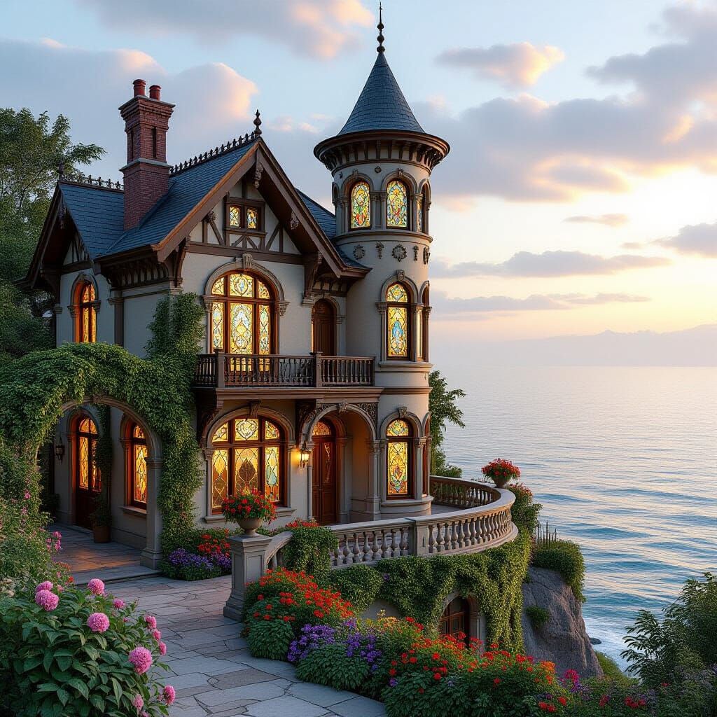 Victorian Italianate House with Stained Glass in Pre-Raphael...