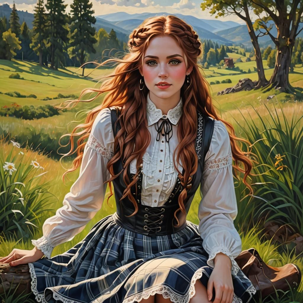 Highland Beauty with Auburn Hair, Oil Painting