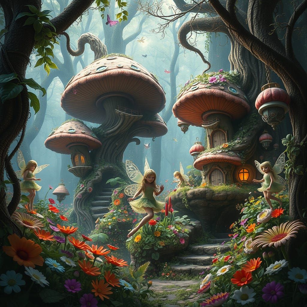 Whimsical Forest Filled with Fantasy Mushroom Houses and Del...