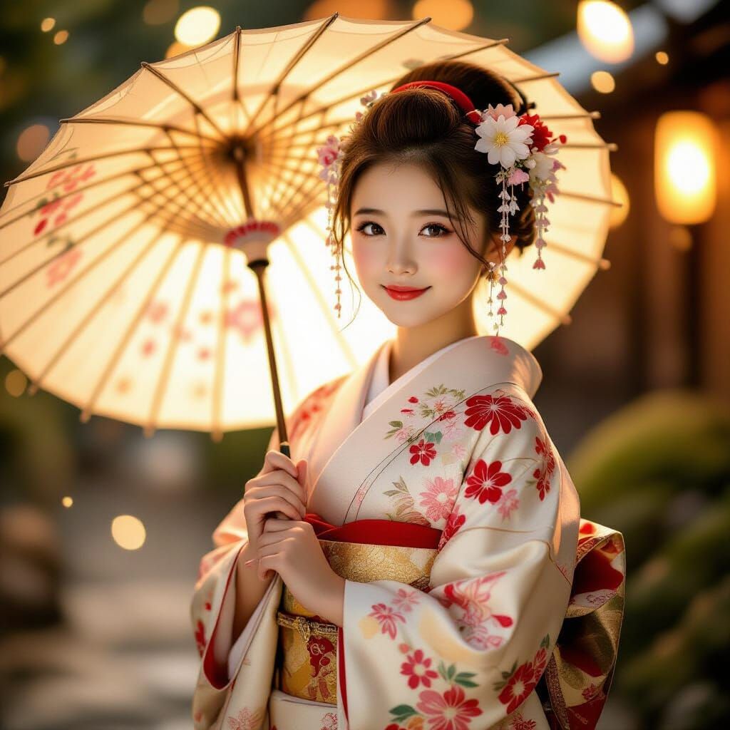 Elegant Japanese Woman in Floral Kimono Under Golden Lights