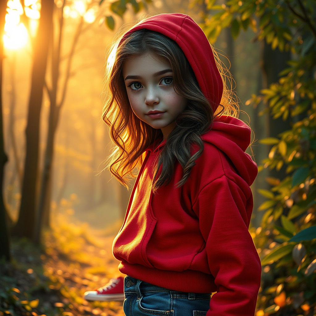 Girl in Red Hoodie in Mystical Forest