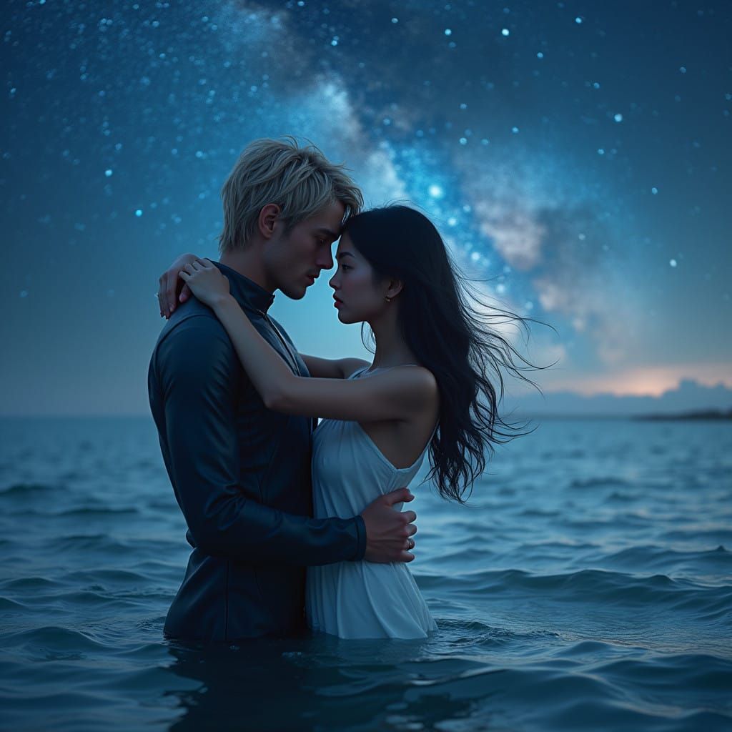 Charming Moonlit Couple on the Seashore