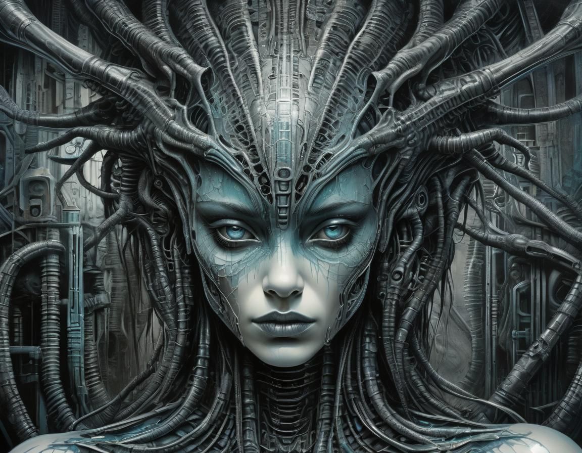 Surreal Female Fusion in Giger Style Illustration