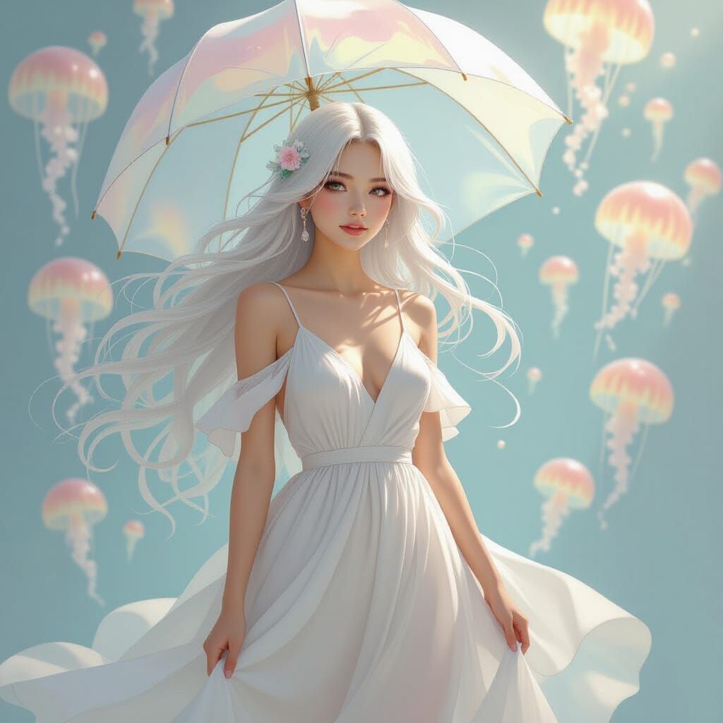 Jellyfish-Hair Girl in Dreamy Pastel Setting