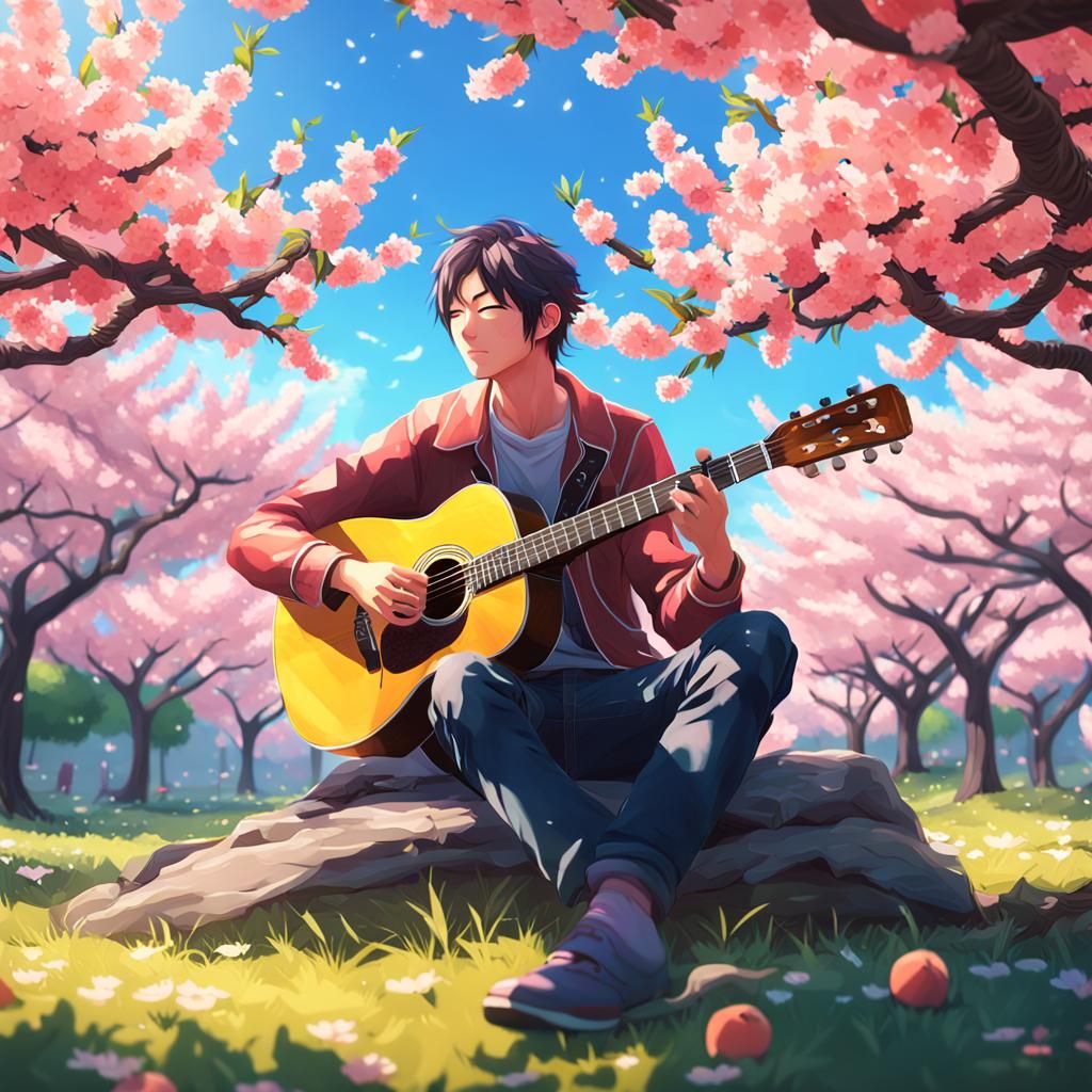 Man Playing Guitar Under Peach Tree: Anime Art