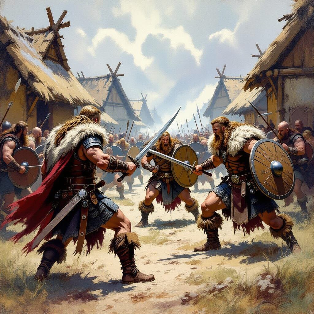 Vikings Battle in Village: Frazetta-esque Illustration