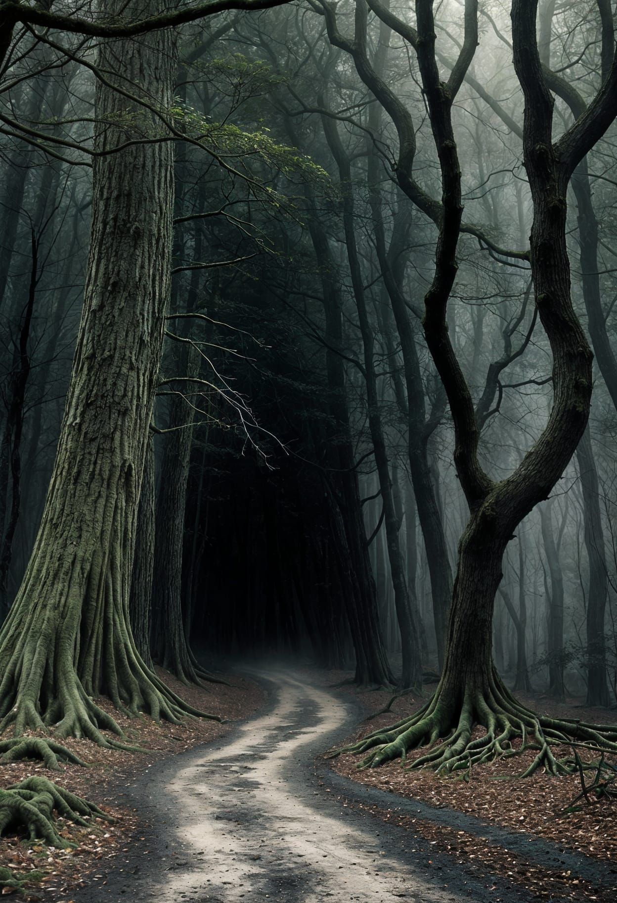 Eerie Forest with Swirling Mist and Black Trees