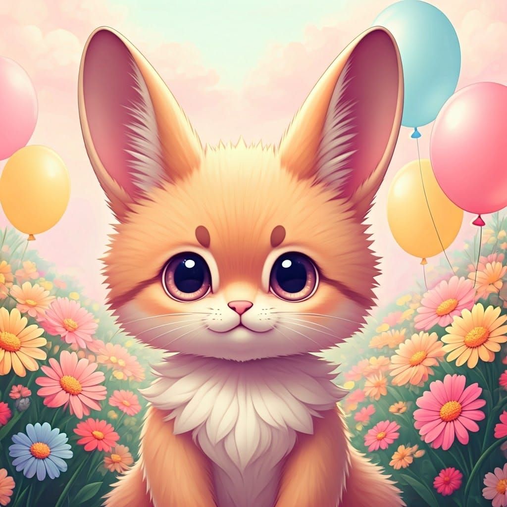 Kawaii Kitten-Rabbit in Surreal Garden