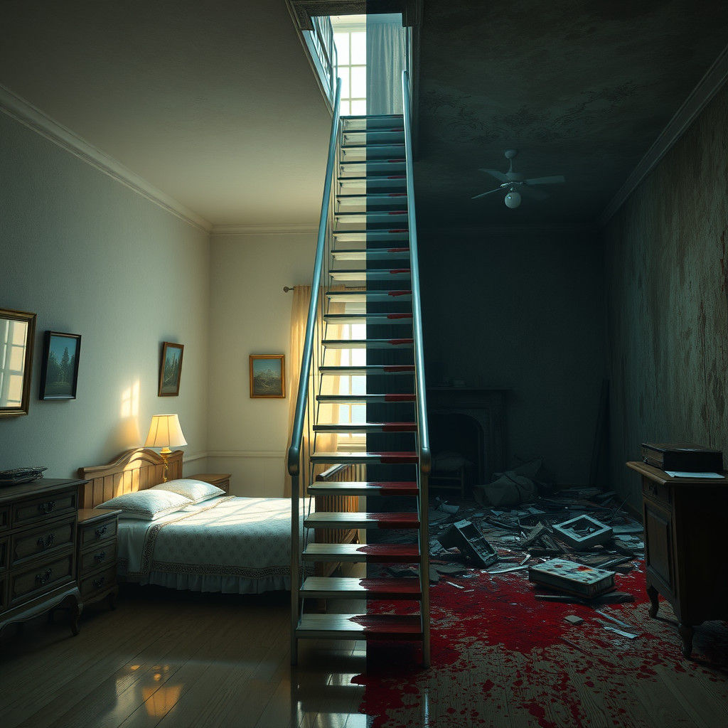 Contrasting Rooms Connected by Staircase in Detailed Matte P...