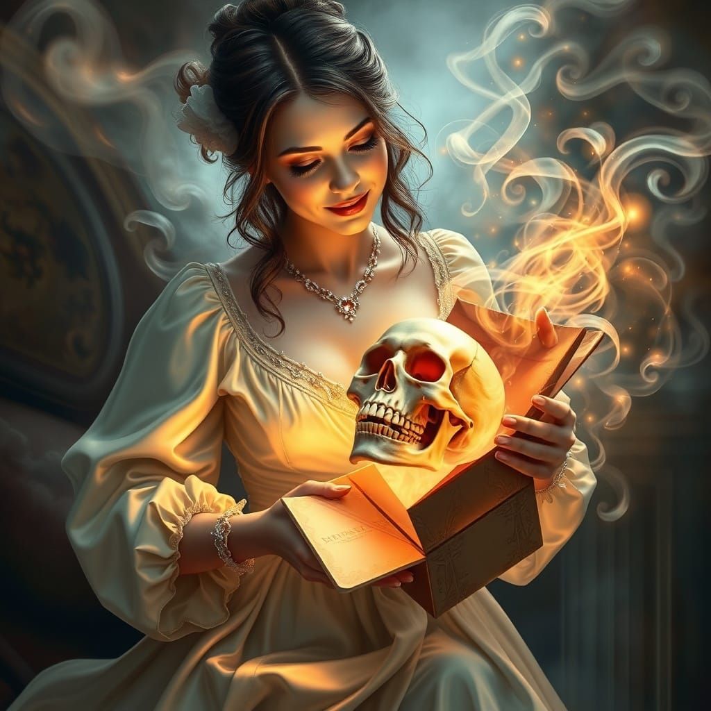 Elegant Lady Unveils Skull Gift With Ethereal Mist