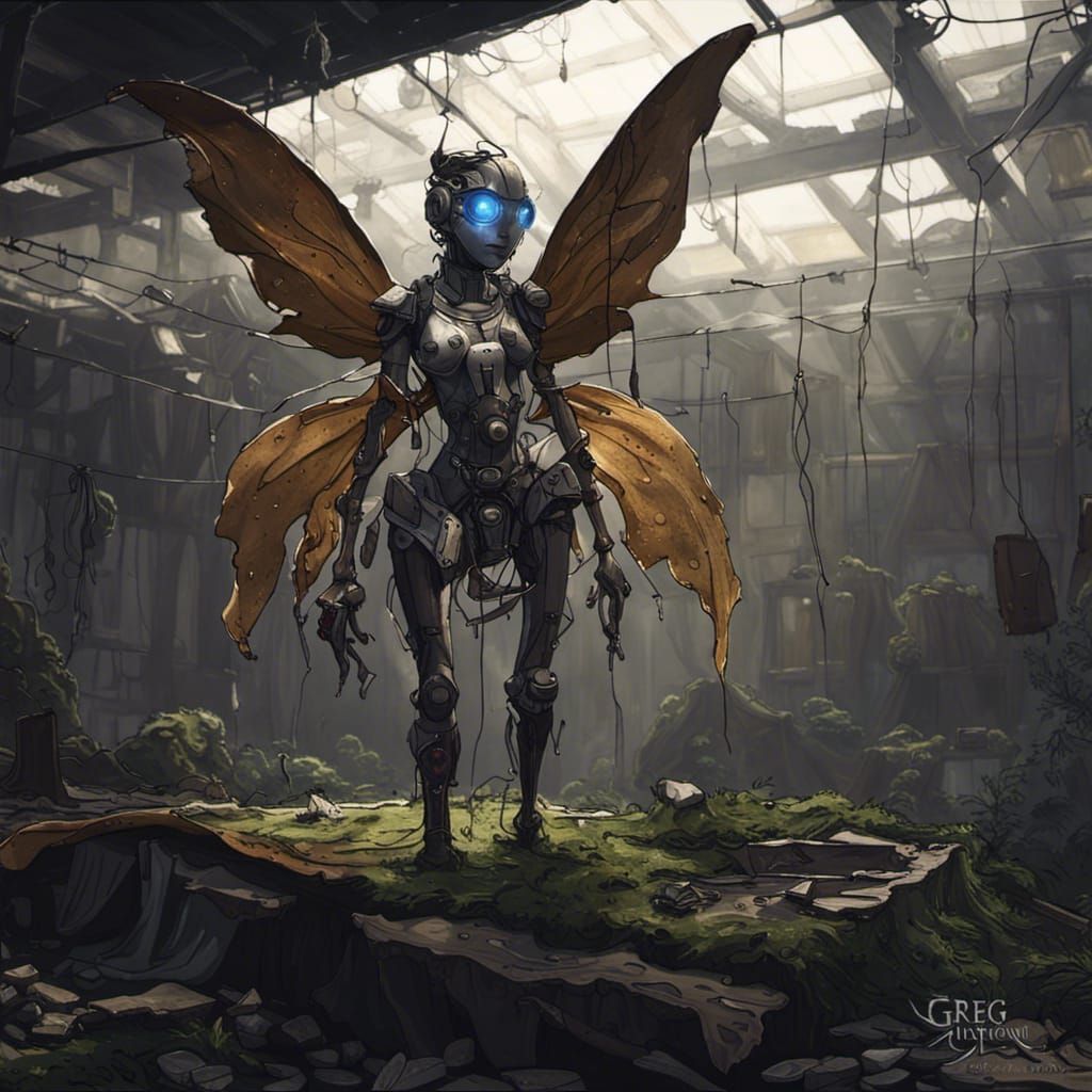 Robotic fairy, covered by a ragged tarp for clothing. Living in an abandoned factory in Elf-Haven.