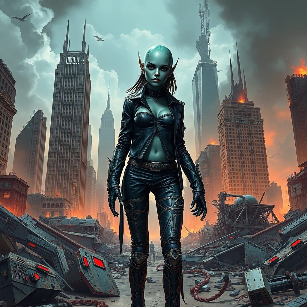 Cyborg Alien Goddess Amidst Post-Apocalyptic Ruins