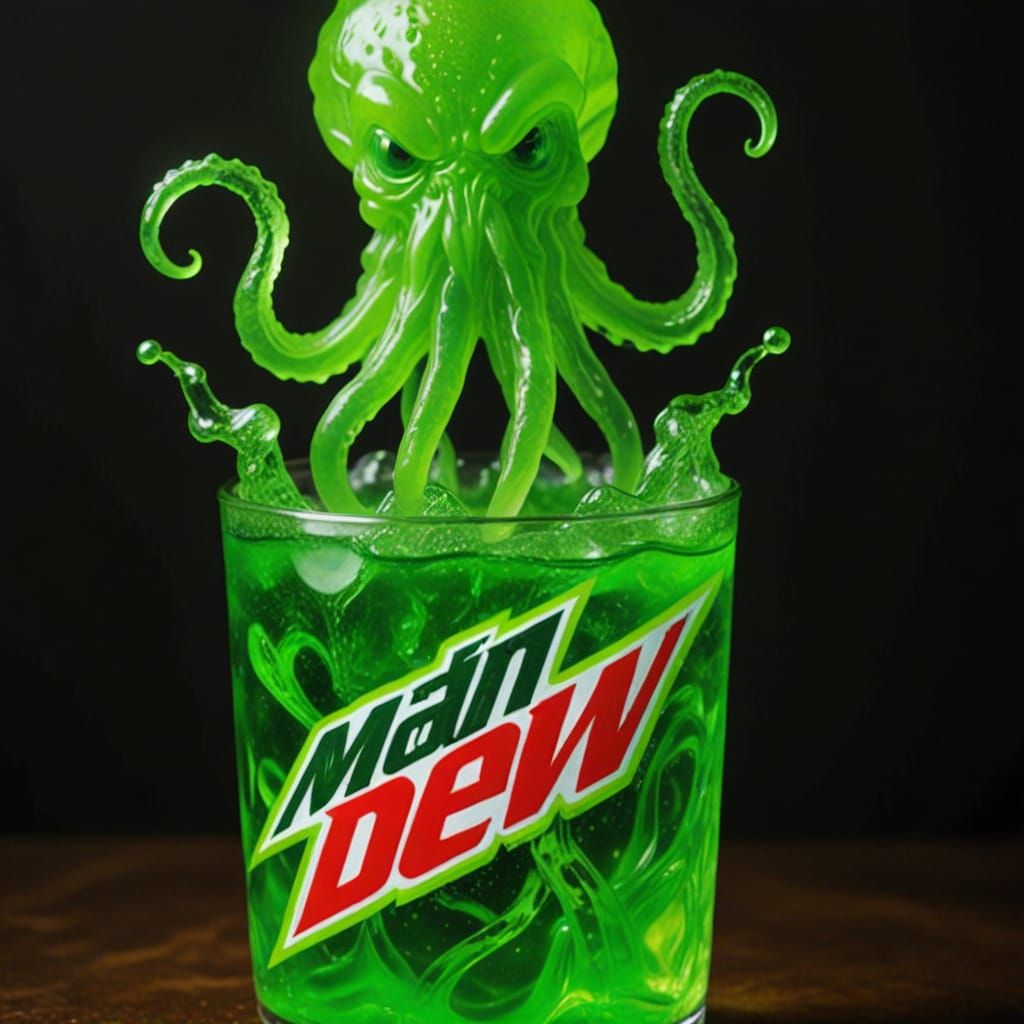 Cthulhu Rises From Effervescent Mountain Dew Glass