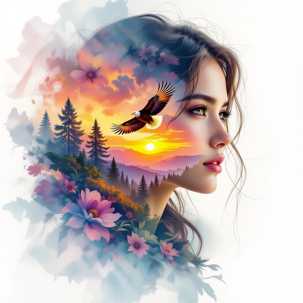 Double Exposure Portrait Digital watercolor Illustration with Dual Exposure of landscape sunset sky inside the portarait...