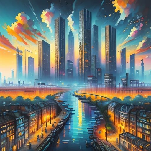 Vivid Summer Cityscape with Metal Towers