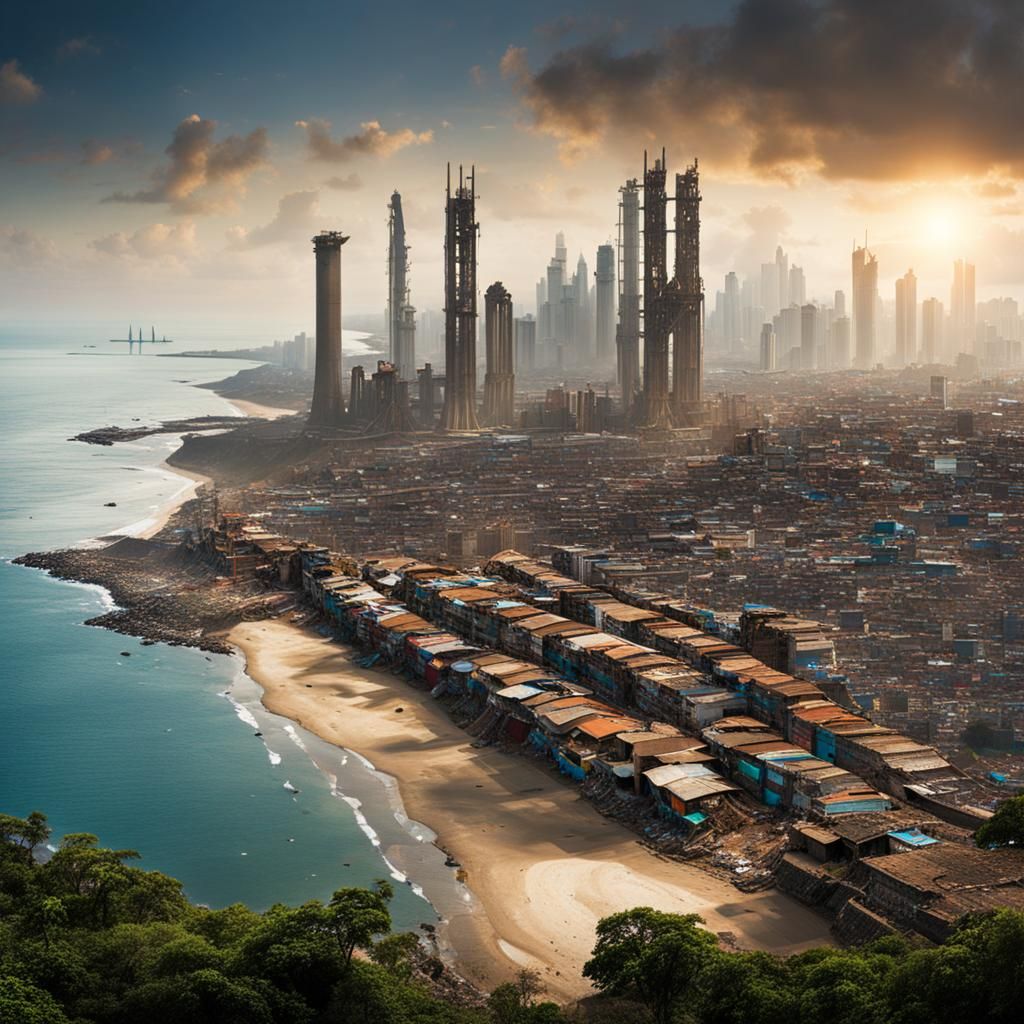Contrasting Skyline: Towers and Slum by the Ocean