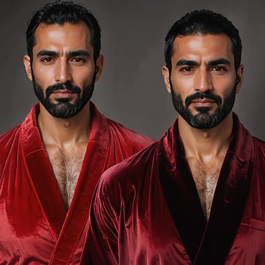 Hirsute Men in Red Velvet Bathrobes, Neo-Expressionist Portr...