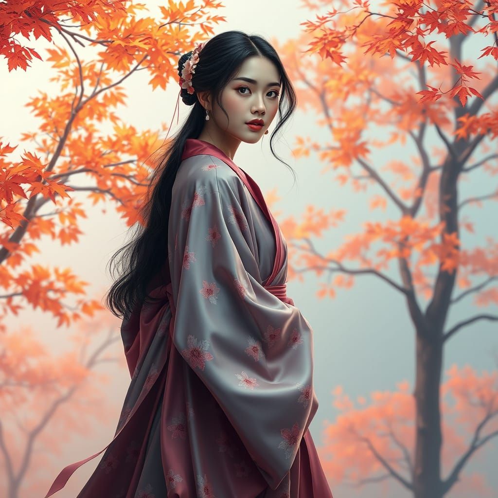 A serene woman in a flowing kimono stands amidst autumn tree...