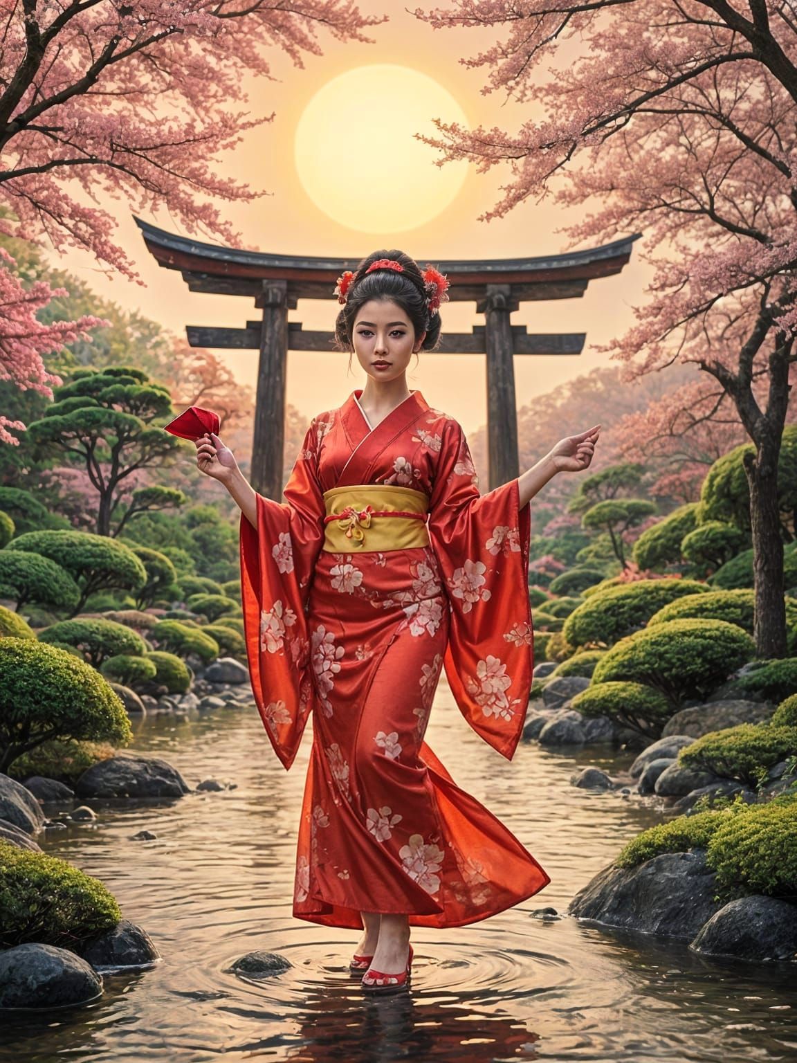 Beautiful Geisha in Japanese Garden with Temple