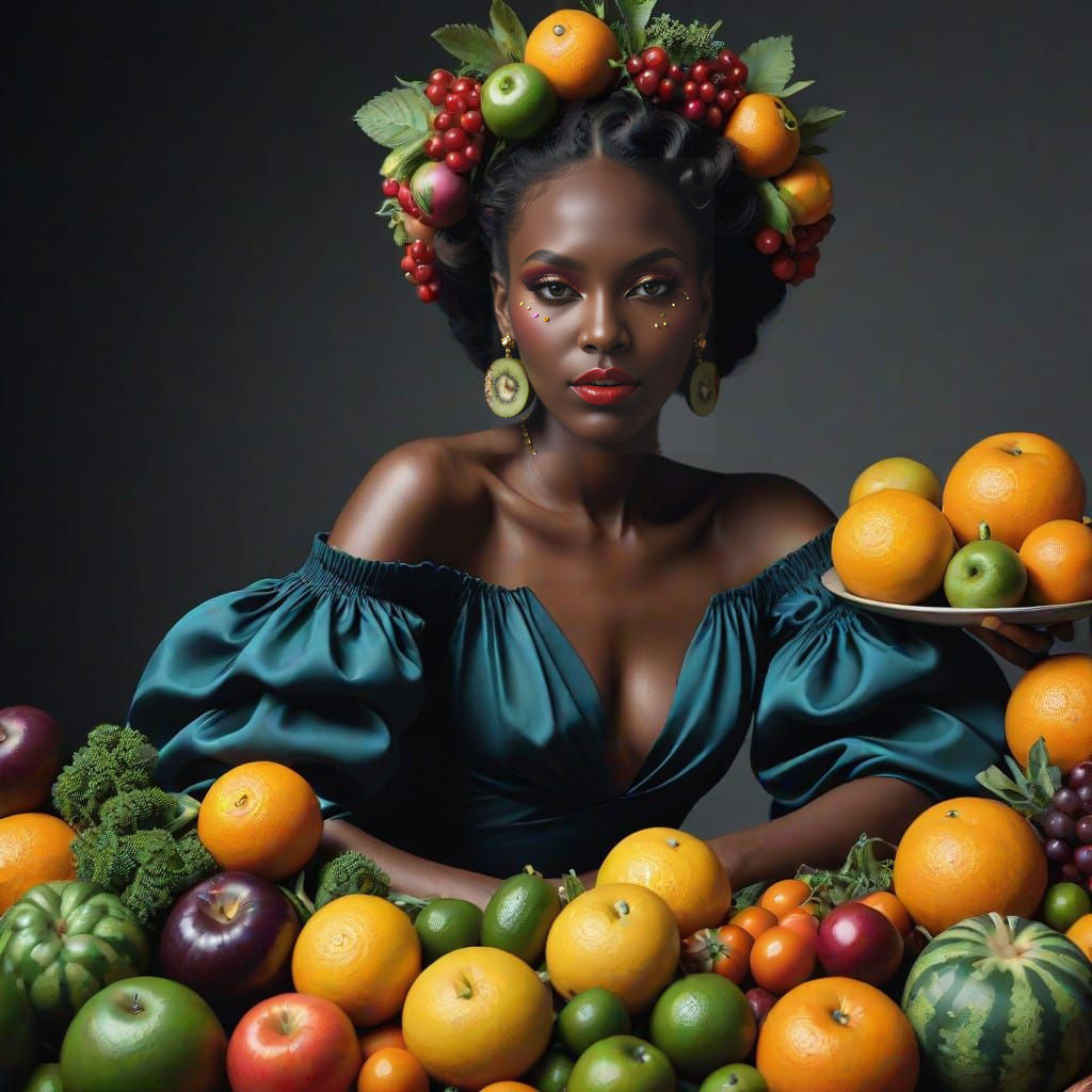 Glamorous Black Diva Adorned with Vibrant Produce in Gucci F...