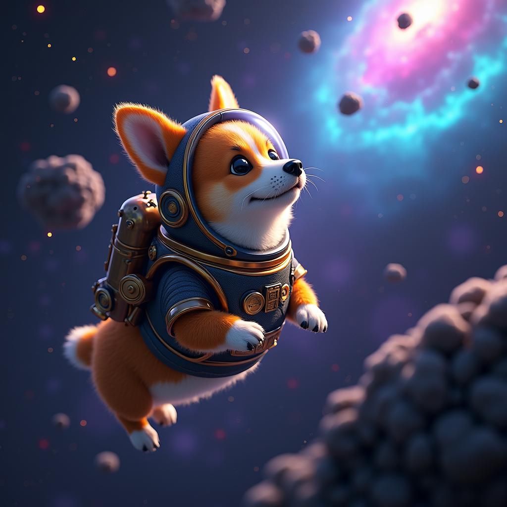 Space-suited Corgi Amidst Nebulae in Industrial Fantasy Styl...
