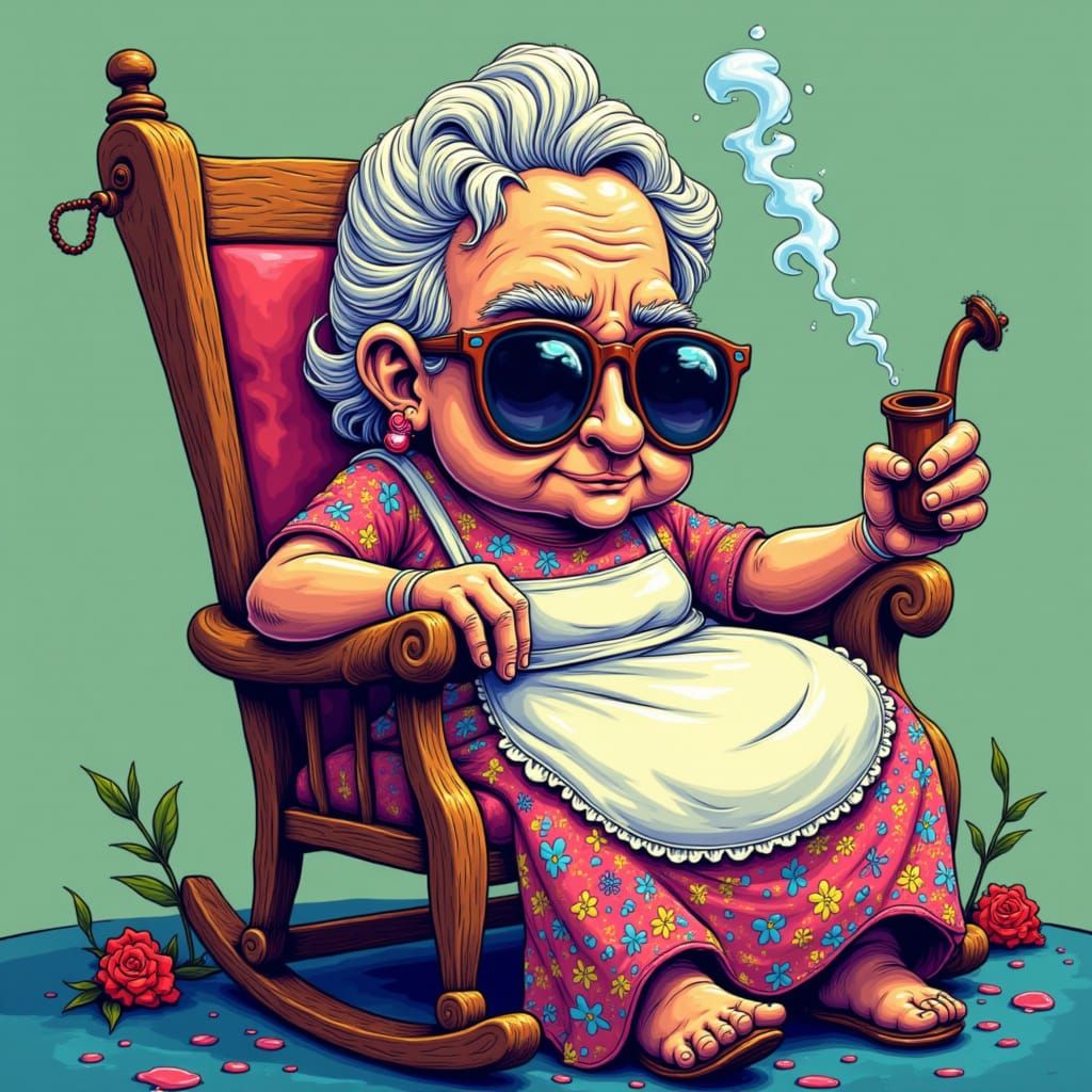 Cartoon Granny Smoking a Pipe in Bold Colors