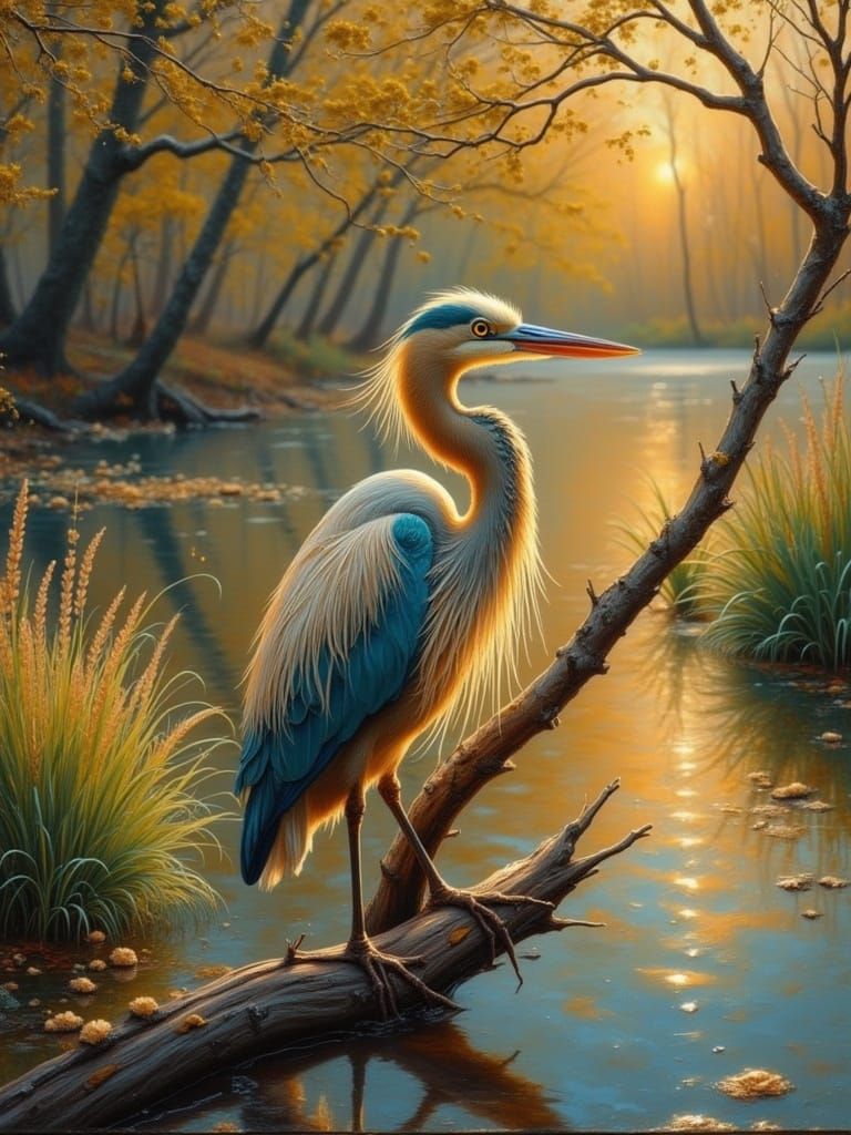 Golden Heron in Teal and Gold Encaustic Oil Drip